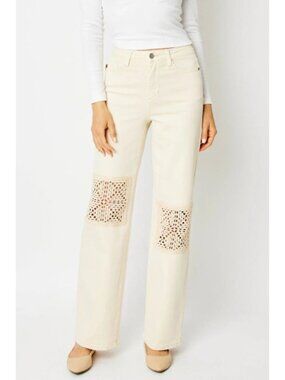 Judy Blue 13/31 Jeans Cream Ivory High Waist Crochet Patch Stretch Boho Neutral